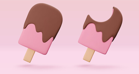 Set pink Ice cream, popsicle with chokolate glaze, 3d render. Design elements. Realistic sweet fast food icon. Vector illustration isolated on white for menu, shop, flyer, banner, web, adv, sale