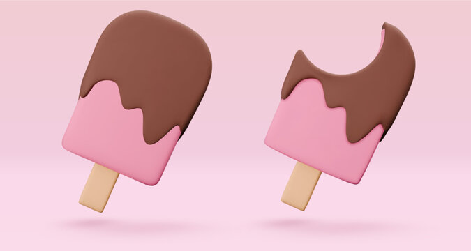 Set pink Ice cream, popsicle with chokolate glaze, 3d render. Design elements. Realistic sweet fast food icon. Vector illustration isolated on white for menu, shop, flyer, banner, web, adv, sale