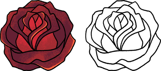 Red rose in traditional tattoo style with halftone shading and bold outline. Black and white version included. Isolated on white background