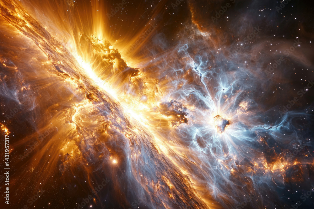 Poster A cosmic collision of celestial bodies, creating a breathtaking display of vibrant energy and light in deep space.