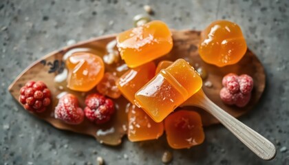 Honey-glazed fruit cubes on wooden board