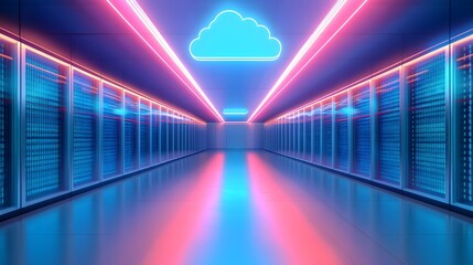 Neon-lit server room with rows of data storage units. A glowing cloud icon hangs above, symbolizing cloud computing and data storage solutions. Futuristic and modern technology concept.