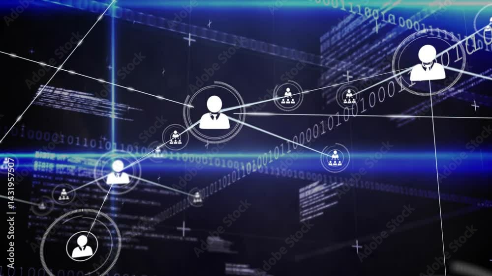 Poster flat design user icons floating in nodes, connecting across network with streaming binary code