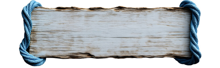 realistic photograph of a blank, wooden beach sign with edges wrapped in blue rope floating on a solid grey background © Audrey