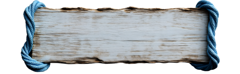 realistic photograph of a blank, wooden beach sign with edges wrapped in blue rope floating on a solid grey background