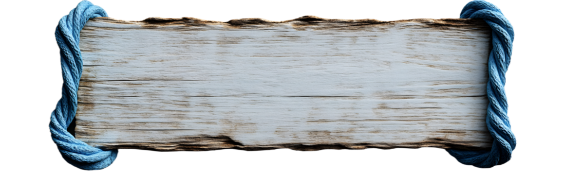 realistic photograph of a blank, wooden beach sign with edges wrapped in blue rope floating on a solid grey background