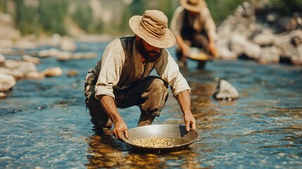 Historic gold rush scene with miners panning for gold in a river nature environment gigapixel quality