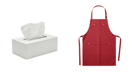 A white tissue box with tissues sticking out and a red apron on a black background are visible here