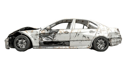 Damaged car side view isolated on white transparent background