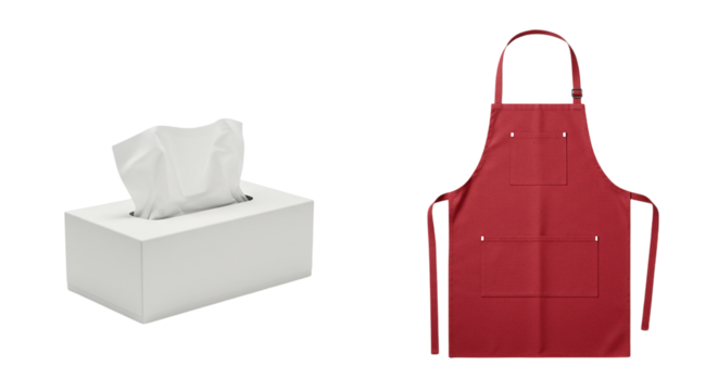 A white tissue box with tissues sticking out and a red apron on a black background are visible here