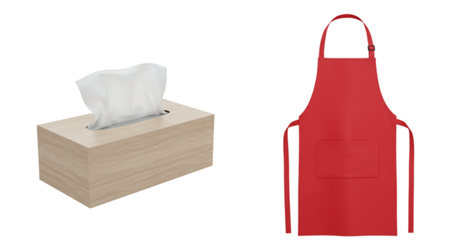 A still life featuring a tissue box and a red apron against a black background in a simple composition