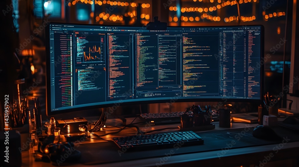 Aufkleber a programmer's dimly lit workspace at night, featuring a large curved monitor displaying lines of co