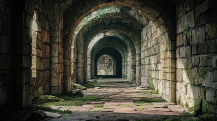 Obraz premium Mysterious Stone Corridor: Archway Tunnel, Ancient Ruins, Sunlit Path