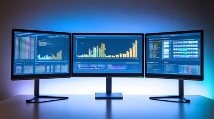 Three monitors display complex data visualizations, charts, and graphs in a dark, blue-lit room. Ideal for concepts of data analysis, technology, and finance.