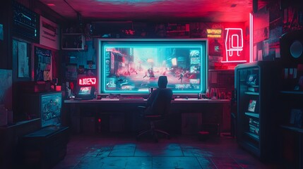 A gamer sits in a neon-lit room, engrossed in a futuristic action game displayed on a large monitor.