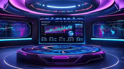 Futuristic trading room with vibrant neon lights and holographic displays showcasing real-time stock market data and global financial trends.