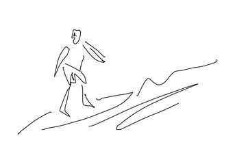 Minimalist one-line drawing of a surfer riding a wave.