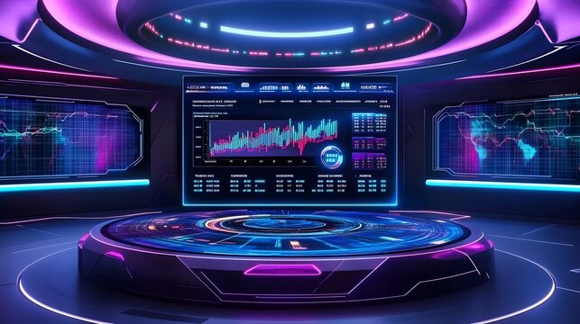 Futuristic trading room with vibrant neon lights and holographic displays showcasing real-time stock market data and global financial trends.