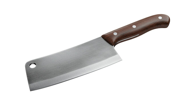 A cleaver with a brown handle and silver blade is isolated against a black background in the image