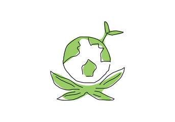 One-line drawing of Earth with a sprouting leaf on top, symbolizing sustainability, environmental protection, and green living.