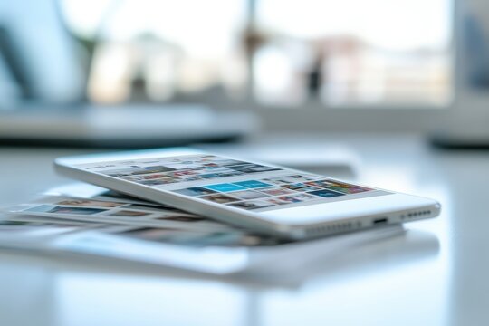 Modern smartphone resting on a surface with several photographs.
