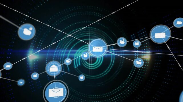 Network showing glowing email node at center, connecting with user and camera icons in flat design