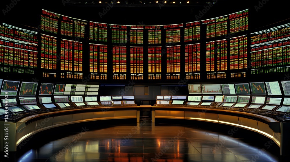 Aufkleber a modern trading floor with numerous screens displaying real-time stock market data. the curved desi