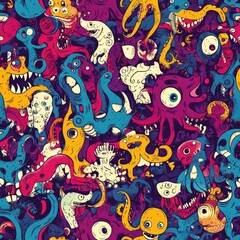 Vibrant Psychedelic Monster Mayhem A Colorful Canvas of Grotesque Creatures