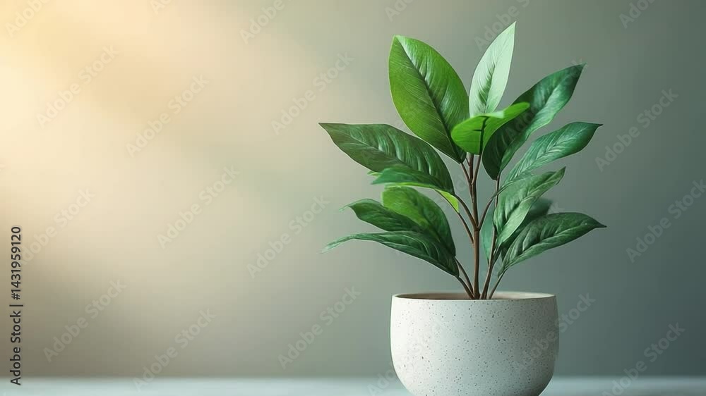 Poster growth in the sunlight: a close-up view of a vibrant green plant in a white pot, with sunlight strea