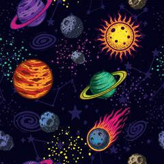 Seamless space pattern with planets, constellations, comets, stars, galaxies. Colorful cosmic background in cartoon style