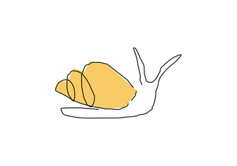 One line drawing of a snail with a yellow shell. Minimalist and clean style