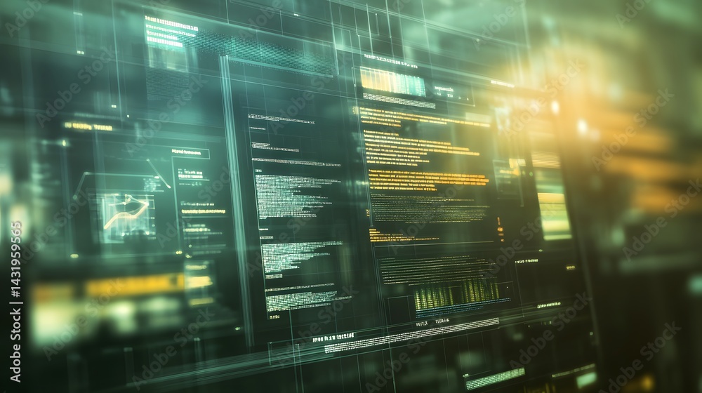 Poster abstract digital data streams and code flow across a futuristic screen. teal and gold hues create a 