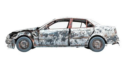 Damaged car side view isolated on white transparent background