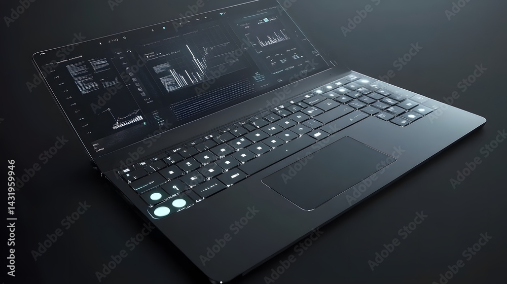 Poster sleek dark laptop displaying financial data and graphs on its screen. glowing backlit keyboard adds 