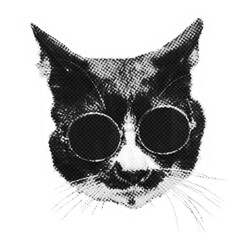 Halftone  black and white cat wearing sunglasses. Cool clipping element
