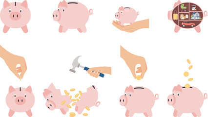 Set of piggy banks. Hand put golden coin into piggy bank. Concept of life personal or family savings, investing, economy, income, finance. Hand drawn vector illustration.
