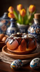 Chocolate-glazed Easter cake with tulips