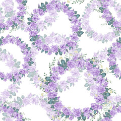 Seamless pattern of watercolor hand-drawn illustrations of flower wreaths. Decor for wedding, birthday, children's party and seasonal holidays.