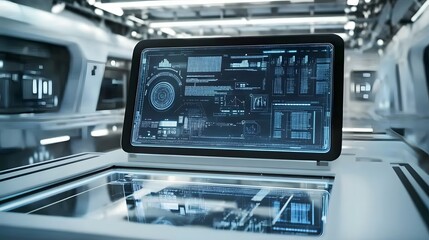 Futuristic laptop displaying complex data streams in a sleek, modern spaceship interior.  The screen reflects the surrounding environment, enhancing the high-tech feel.