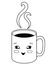 A cup. Cup with a hot drink - coffee or tea and rising trickles of steam - vector linear illustration for coloring. Outline. A mug with a cute kawaii face on it - an element for coloring
