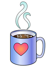 Blue Cup with a pink heart. Cup with a hot drink - coffee or tea and rising trickles of steam - vector full color illustration. Mug with heart	