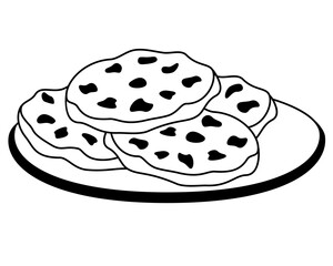 Cookies on a plate. Chocolate chip cookies on a plate - vector picture for a logo or pictogram. Chocolate chip cookies on a saucer for identity. Sweet pastries for dessert icon or symbol.	