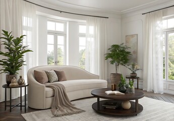 Living room with curved sofa, round coffee table, plants, and sheer curtains in a bright space