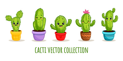 Set of cute cartoon cactus with eyes on the white background. Cactus in flat style for magazine, cards, games, books. Funny cacti.