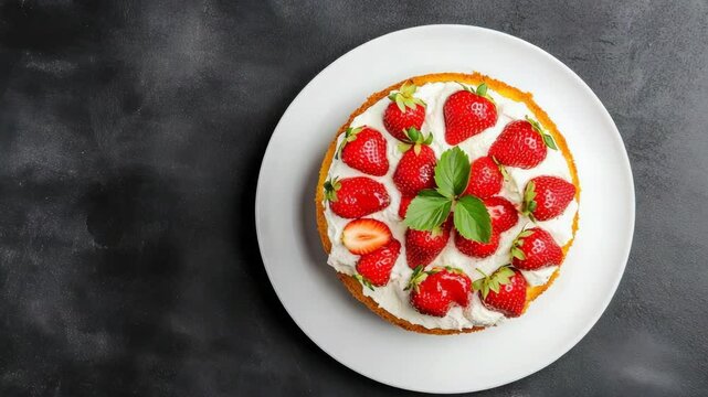 Delicious strawberry sponge cake topped with cream and fresh strawberries served on a white plate against a dark background.