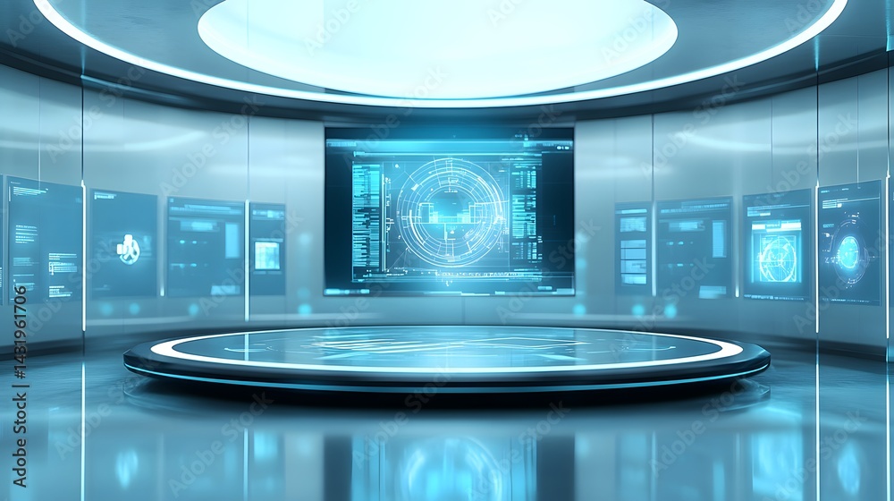 Poster futuristic circular platform in a modern, high-tech room with glowing blue screens displaying data a