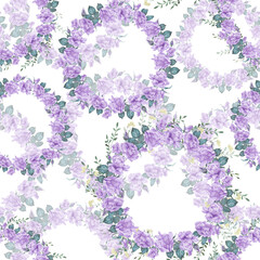 Seamless pattern of watercolor hand-drawn illustrations of flower wreaths. Decor for wedding, birthday, children's party and seasonal holidays.