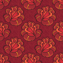 Seamless pattern with bold red traditional roses in vintage tattoo style. Halftone texture and retro aesthetic. Not isolated