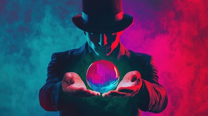 Mystical performance magician predicts future with crystal ball enchanted setting dramatic lighting captivating perspective