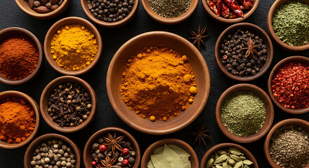 Vibrant Collection of Aromatic Spices and Herbs in Bowls